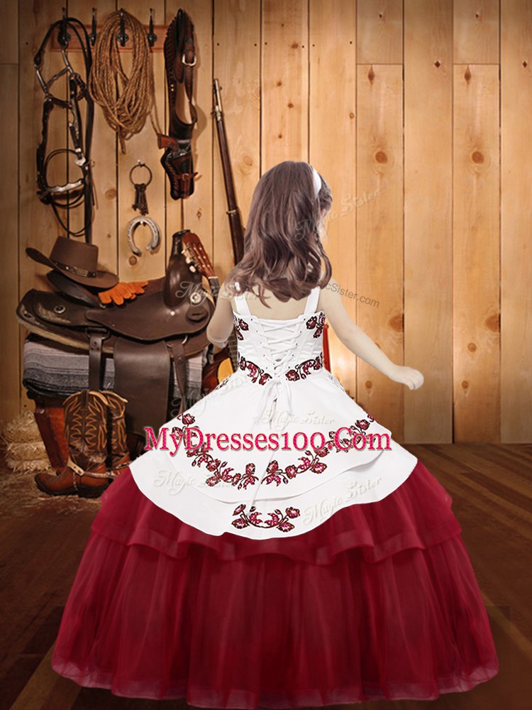 Ball Gowns Tulle Straps Sleeveless Embroidery Floor Length Lace Up Little Girls Pageant Gowns