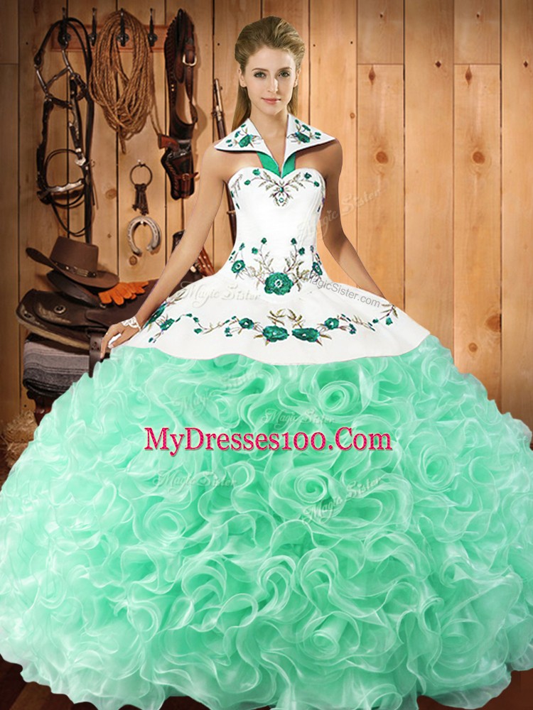 Inexpensive Apple Green Ball Gowns Halter Top Sleeveless Fabric With Rolling Flowers Floor Length Lace Up Embroidery Vestidos de Quinceanera