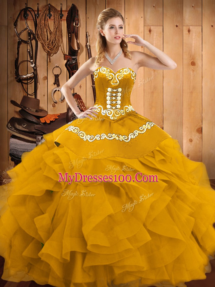 Flare Satin and Organza Sleeveless Floor Length Quinceanera Gowns and Embroidery and Ruffles