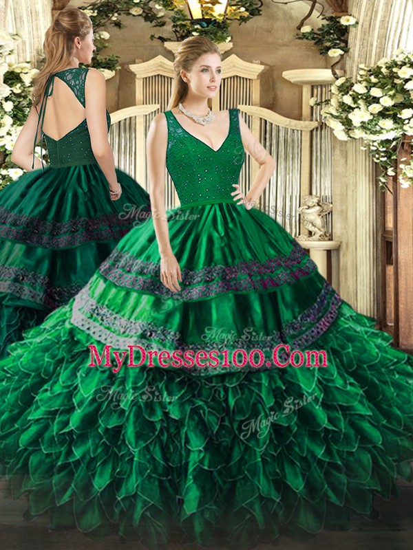 Classical V-neck Sleeveless 15th Birthday Dress Floor Length Beading and Lace and Ruffles Dark Green Organza