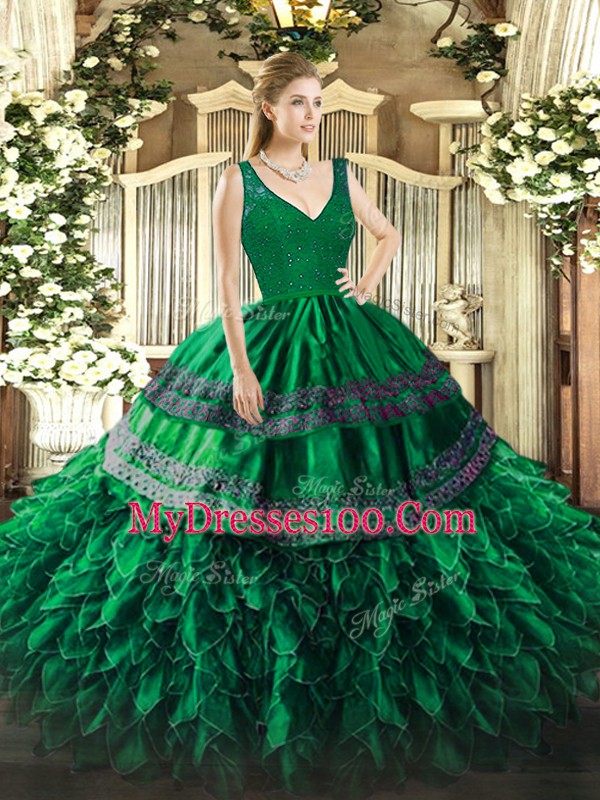 Classical V-neck Sleeveless 15th Birthday Dress Floor Length Beading and Lace and Ruffles Dark Green Organza