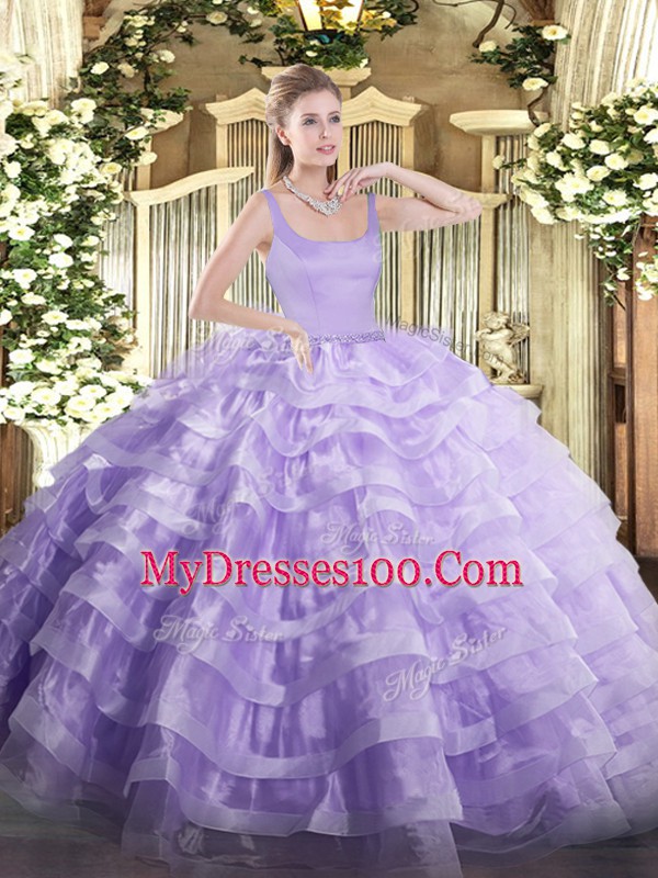 Best Selling Lavender Zipper Straps Beading and Ruffled Layers Quinceanera Gowns Organza Sleeveless