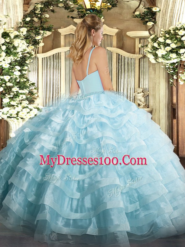 Best Selling Lavender Zipper Straps Beading and Ruffled Layers Quinceanera Gowns Organza Sleeveless