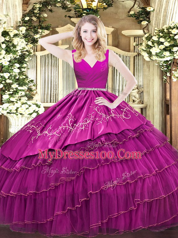 Romantic Sleeveless Zipper Floor Length Embroidery and Ruffled Layers Sweet 16 Dresses