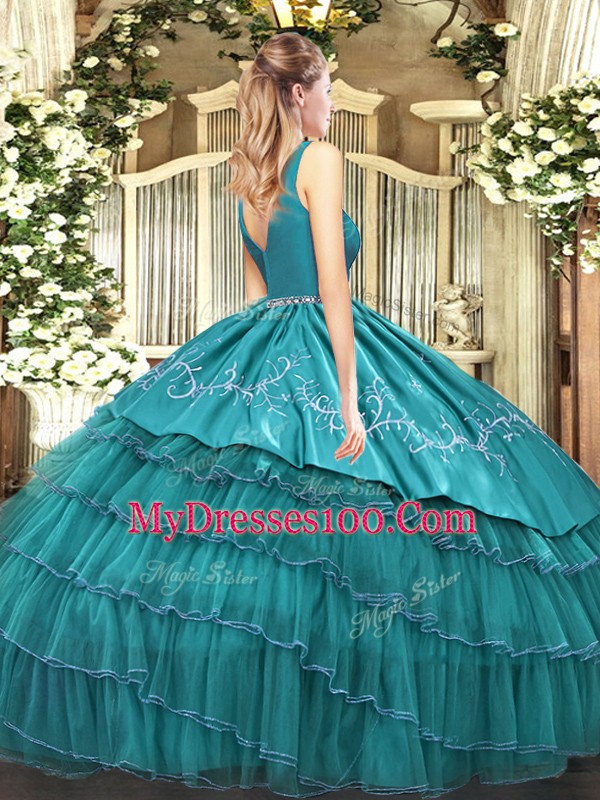 Romantic Sleeveless Zipper Floor Length Embroidery and Ruffled Layers Sweet 16 Dresses