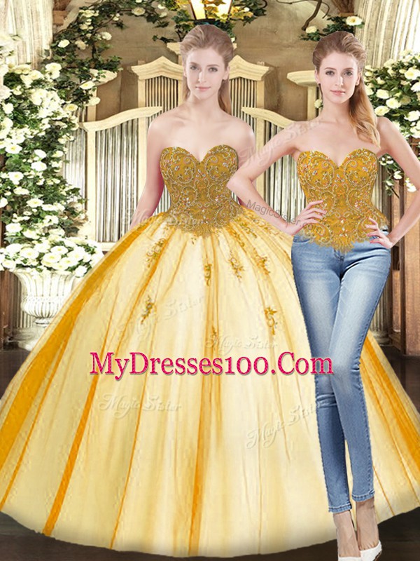 Gold Sweetheart Neckline Beading and Appliques Sweet 16 Dress Sleeveless Lace Up