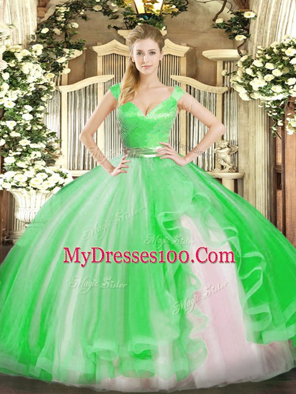 Fantastic Ball Gowns Sweet 16 Dresses Green V-neck Tulle Sleeveless Floor Length Zipper