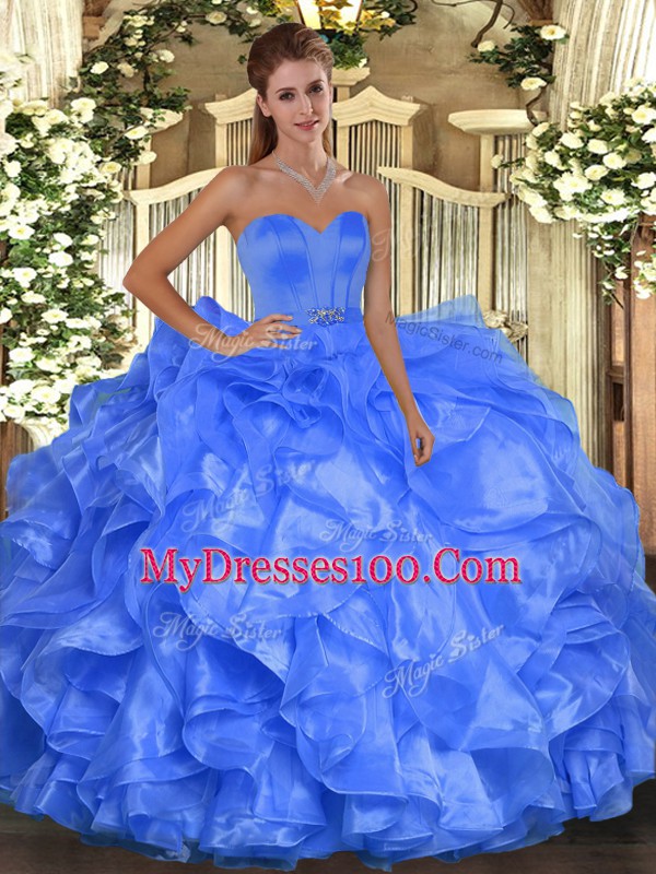Ball Gowns 15 Quinceanera Dress Blue Sweetheart Organza Sleeveless Floor Length Lace Up