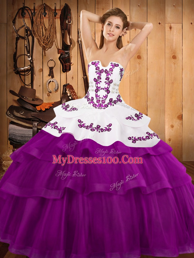 Ideal Fuchsia Ball Gowns Strapless Sleeveless Tulle Sweep Train Lace Up Embroidery and Ruffled Layers Ball Gown Prom Dress