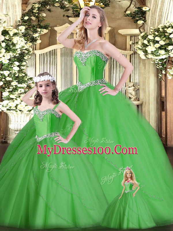 Green Sleeveless Tulle Lace Up Ball Gown Prom Dress for Military Ball and Sweet 16 and Quinceanera