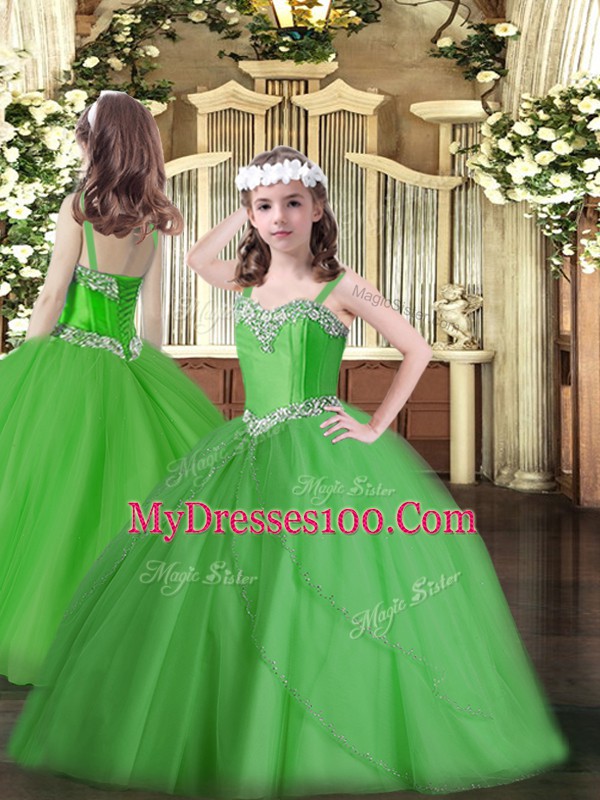 Green Sleeveless Tulle Lace Up Ball Gown Prom Dress for Military Ball and Sweet 16 and Quinceanera