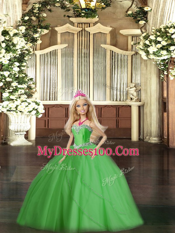Green Sleeveless Tulle Lace Up Ball Gown Prom Dress for Military Ball and Sweet 16 and Quinceanera
