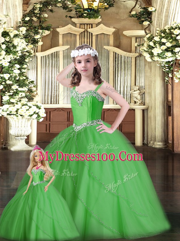 Green Sleeveless Tulle Lace Up Ball Gown Prom Dress for Military Ball and Sweet 16 and Quinceanera