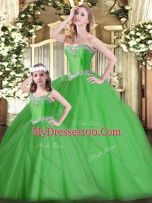 Green Sleeveless Tulle Lace Up Ball Gown Prom Dress for Military Ball and Sweet 16 and Quinceanera