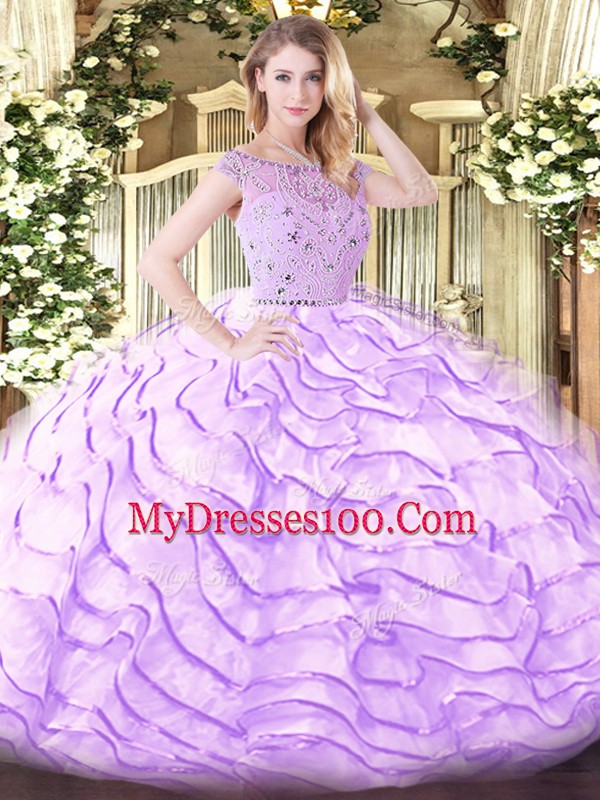 Super Beading and Ruffled Layers Sweet 16 Quinceanera Dress Lavender Zipper Sleeveless Sweep Train