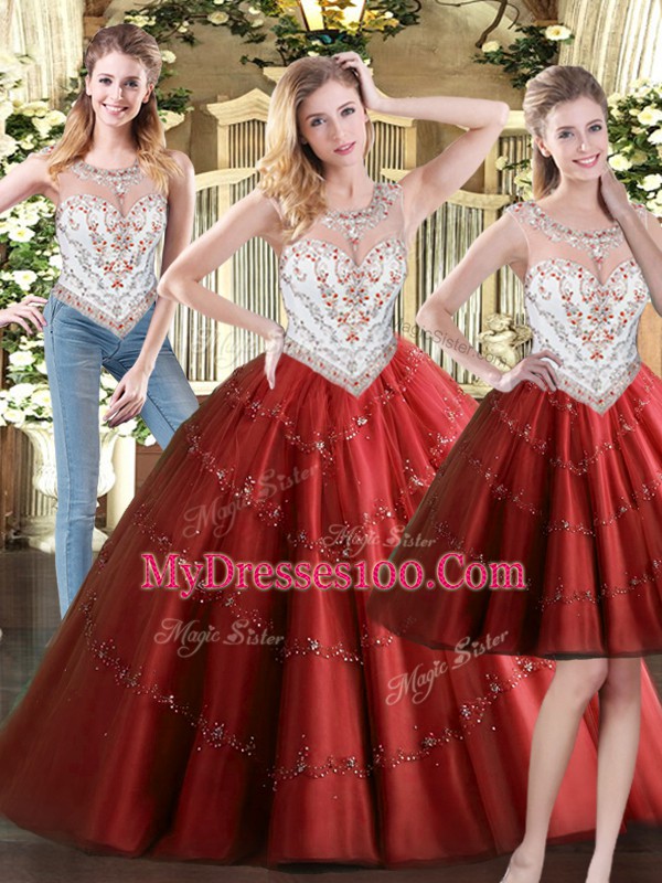 Floor Length Zipper Ball Gown Prom Dress Wine Red for Military Ball and Sweet 16 and Quinceanera with Beading