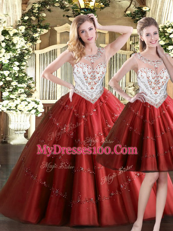 Floor Length Zipper Ball Gown Prom Dress Wine Red for Military Ball and Sweet 16 and Quinceanera with Beading