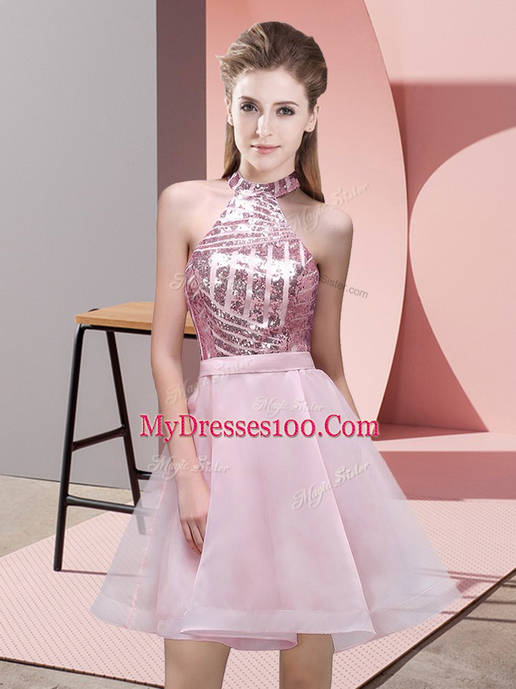 Custom Fit Pink Chiffon Backless Wedding Party Dress Sleeveless Mini Length Sequins