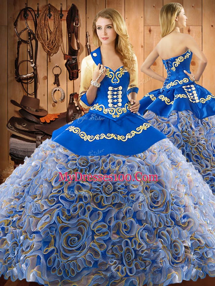 Multi-color Satin and Fabric With Rolling Flowers Lace Up Sweetheart Sleeveless With Train Quinceanera Gowns Sweep Train Embroidery