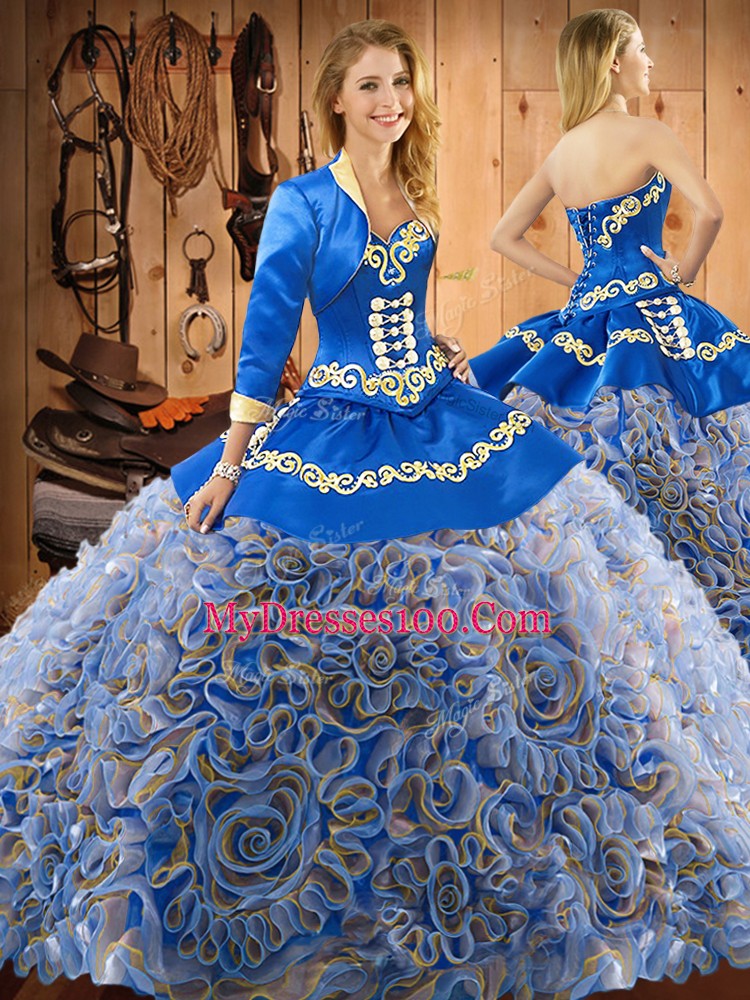 Multi-color Satin and Fabric With Rolling Flowers Lace Up Sweetheart Sleeveless With Train Quinceanera Gowns Sweep Train Embroidery
