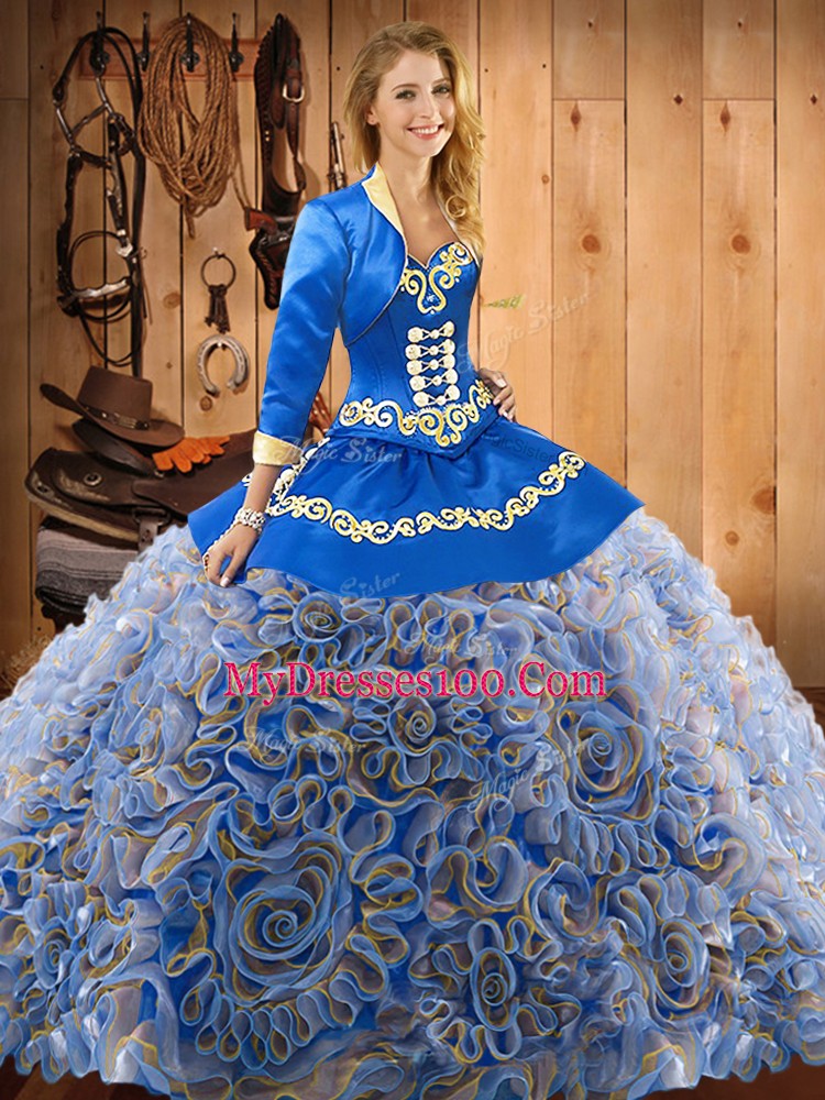 Multi-color Satin and Fabric With Rolling Flowers Lace Up Sweetheart Sleeveless With Train Quinceanera Gowns Sweep Train Embroidery