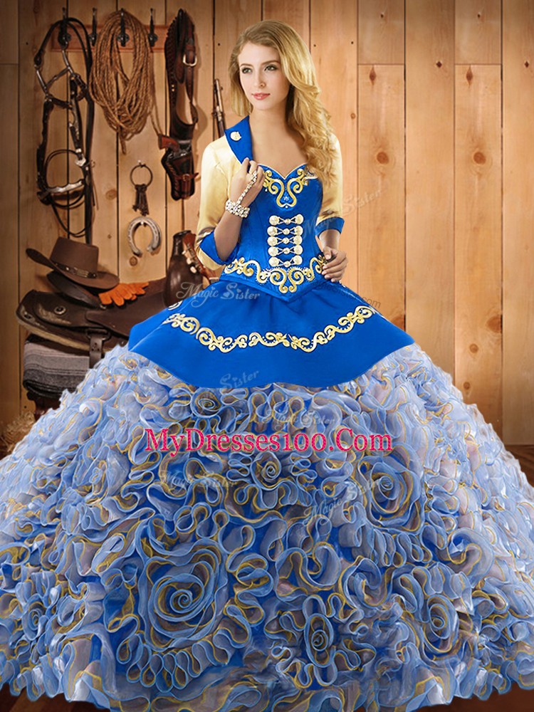 Multi-color Satin and Fabric With Rolling Flowers Lace Up Sweetheart Sleeveless With Train Quinceanera Gowns Sweep Train Embroidery