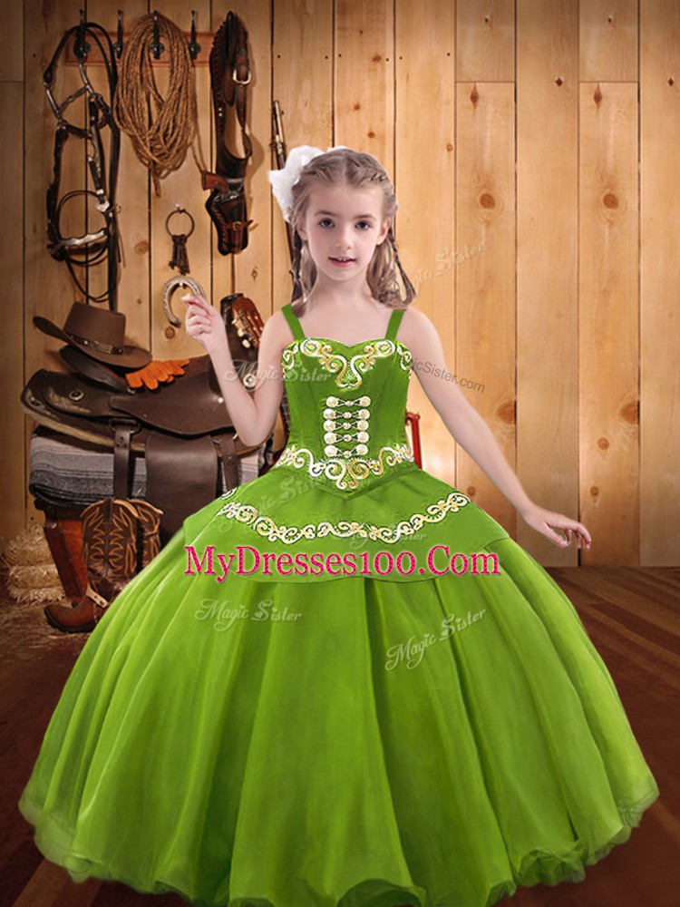 Olive Green Ball Gowns Straps Sleeveless Organza Floor Length Lace Up Embroidery Pageant Dress for Teens