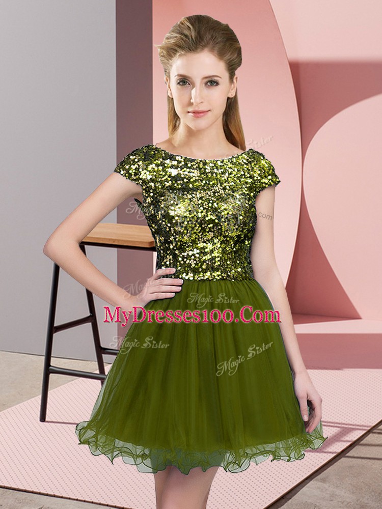 Olive Green Tulle Zipper Scoop Cap Sleeves Mini Length Bridesmaids Dress Sequins