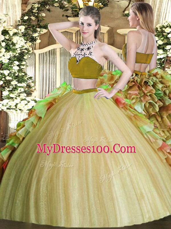 Olive Green Bateau Neckline Beading and Ruffles 15 Quinceanera Dress Sleeveless Backless