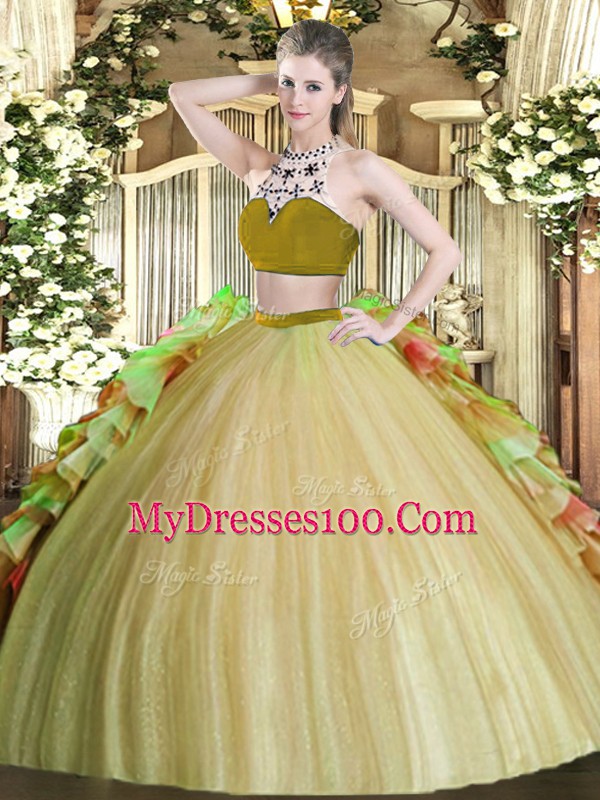 Olive Green Bateau Neckline Beading and Ruffles 15 Quinceanera Dress Sleeveless Backless