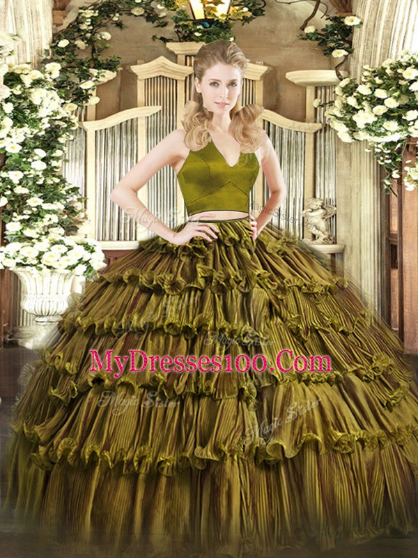 Dynamic Sleeveless Floor Length Ruffled Layers Zipper Sweet 16 Dresses with Olive Green