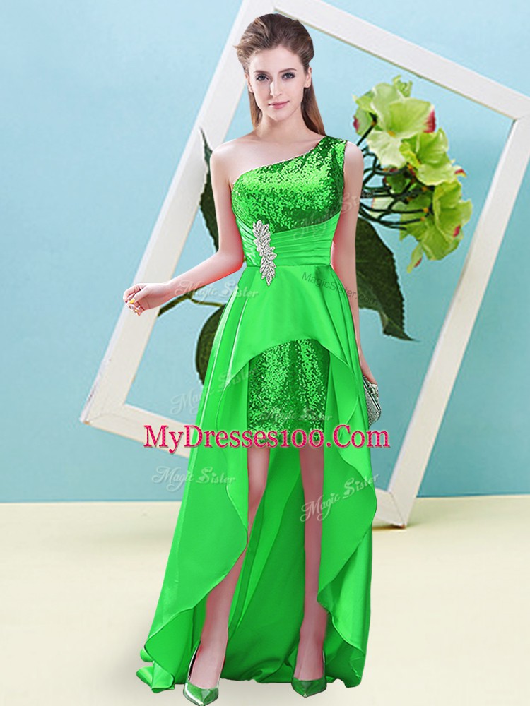 Green Prom and Party with Beading and Sequins One Shoulder Sleeveless Lace Up