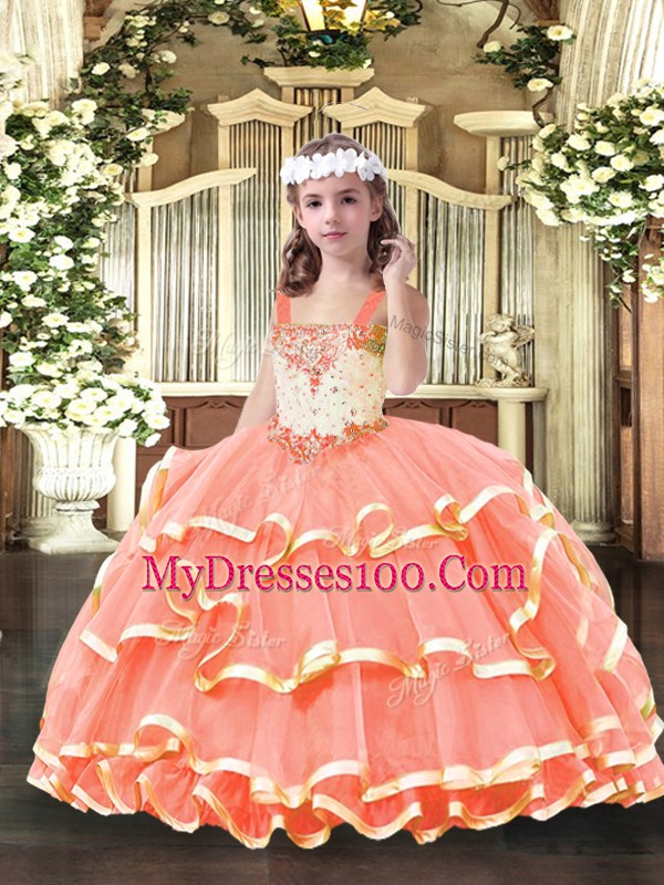 Unique Organza Straps Sleeveless Lace Up Beading and Ruffled Layers Little Girl Pageant Dress in Orange Red