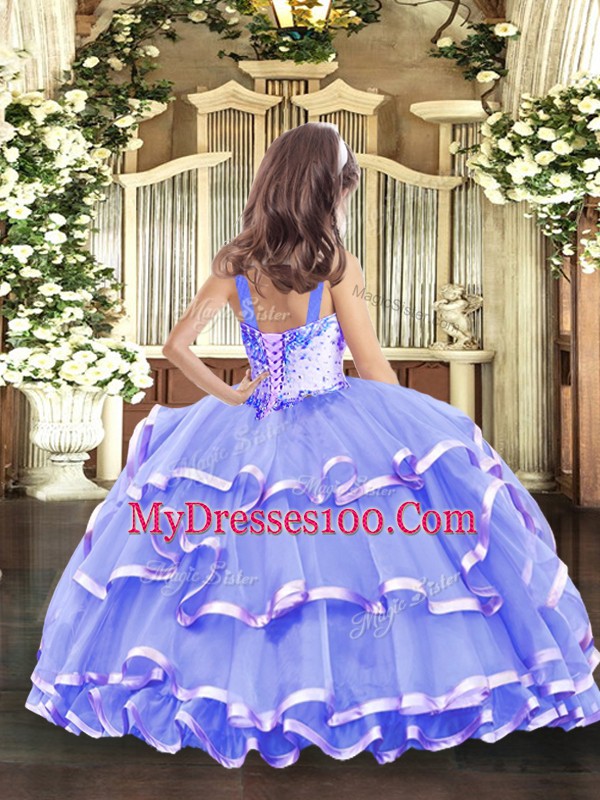 Unique Organza Straps Sleeveless Lace Up Beading and Ruffled Layers Little Girl Pageant Dress in Orange Red