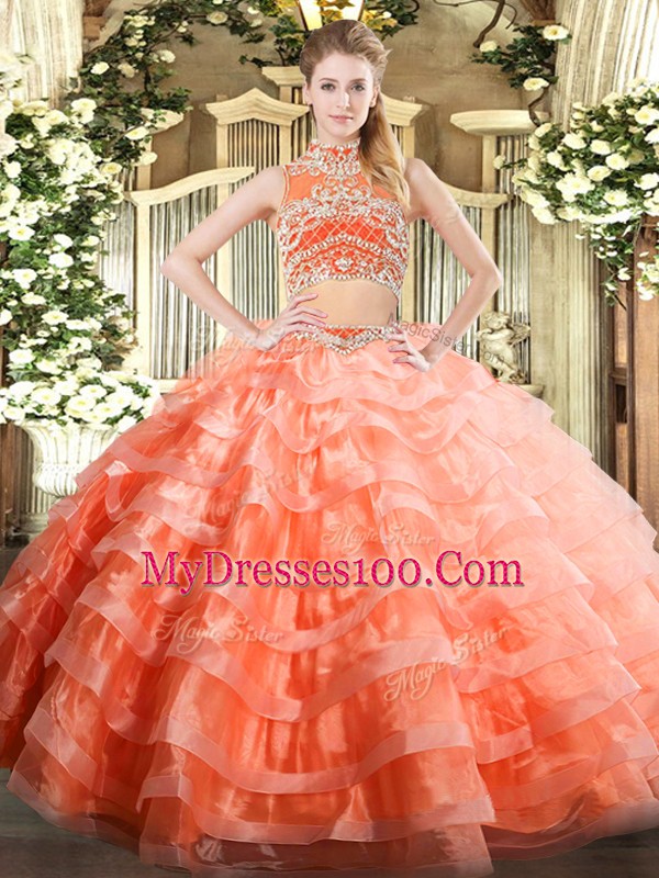 Floor Length Backless 15 Quinceanera Dress Orange Red for Military Ball and Sweet 16 and Quinceanera with Beading and Ruffled Layers