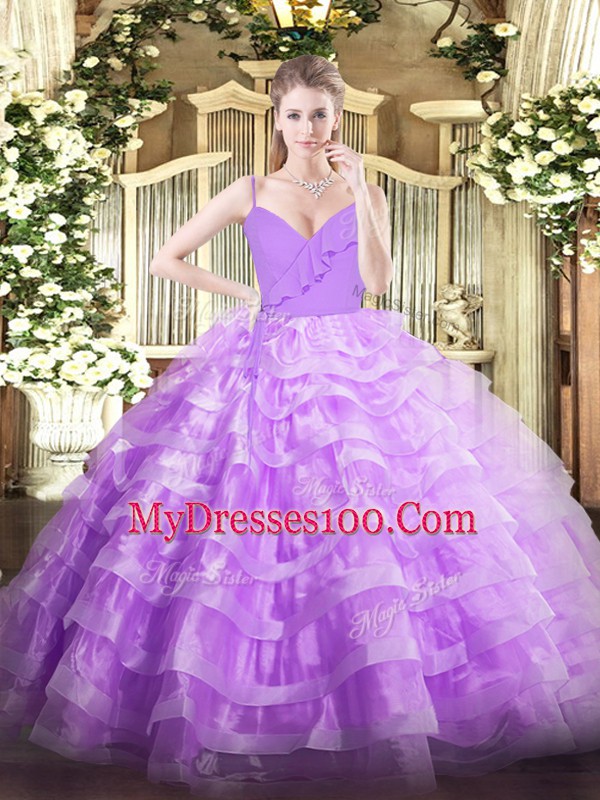 Top Selling Floor Length Lavender Sweet 16 Dresses Spaghetti Straps Sleeveless Zipper