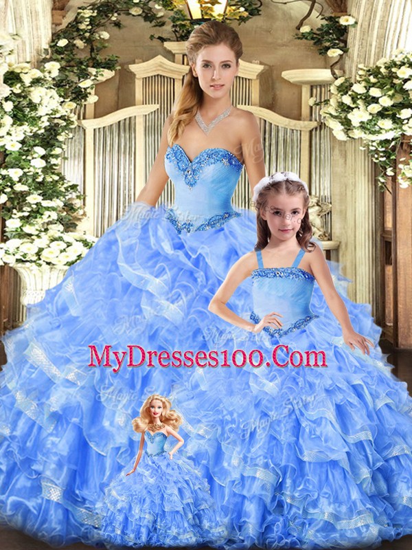 Floor Length Baby Blue Quinceanera Dresses Organza Sleeveless Beading and Ruffles
