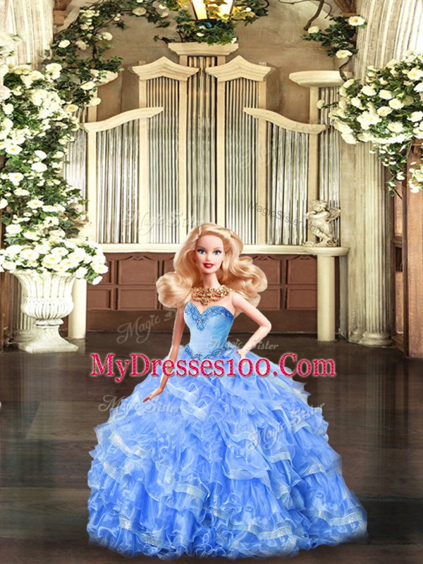 Floor Length Baby Blue Quinceanera Dresses Organza Sleeveless Beading and Ruffles