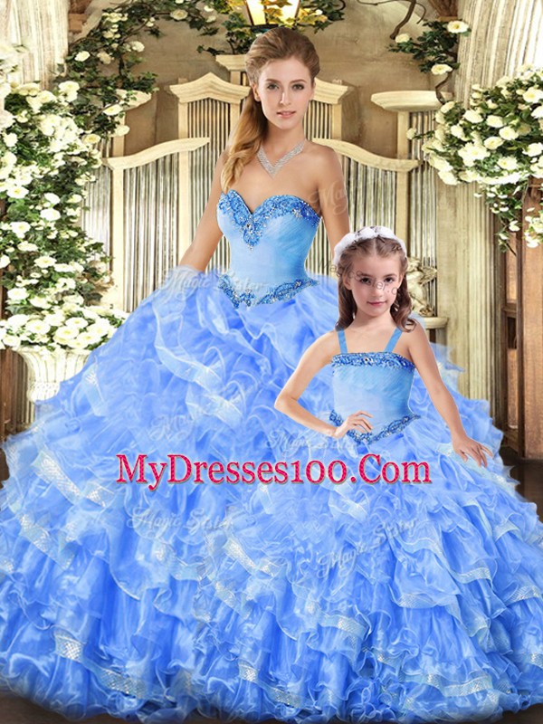 Floor Length Baby Blue Quinceanera Dresses Organza Sleeveless Beading and Ruffles