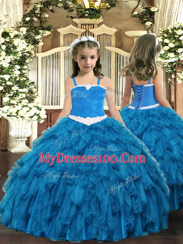 Perfect Appliques and Ruffles Little Girl Pageant Gowns Blue Lace Up Sleeveless Floor Length