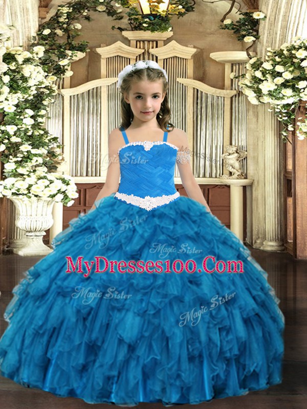 Perfect Appliques and Ruffles Little Girl Pageant Gowns Blue Lace Up Sleeveless Floor Length