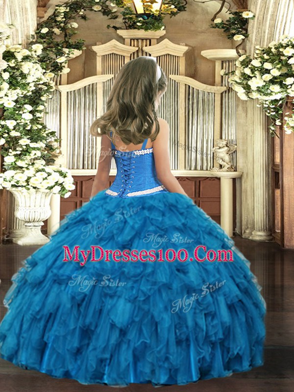 Perfect Appliques and Ruffles Little Girl Pageant Gowns Blue Lace Up Sleeveless Floor Length