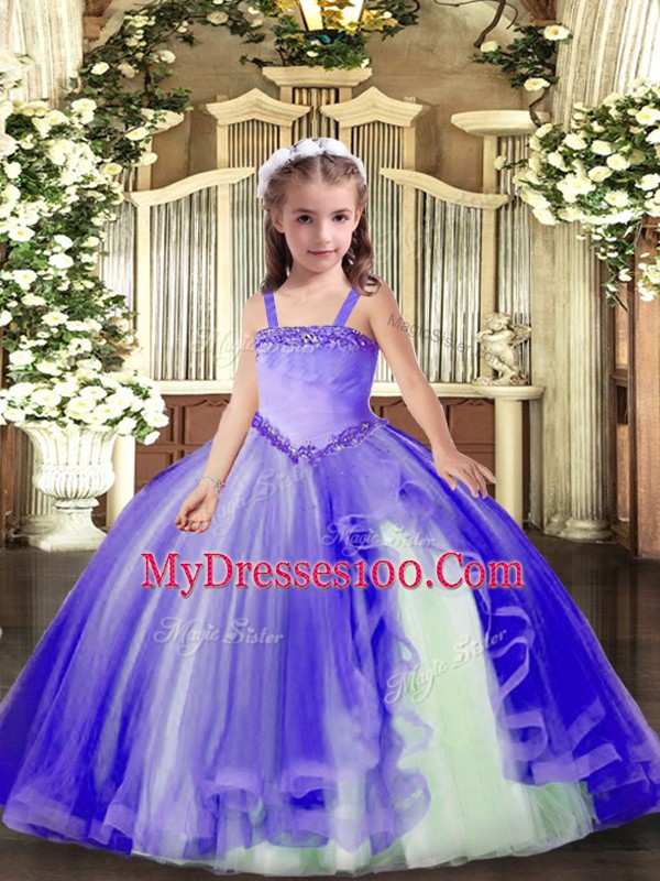 Admirable Lavender Tulle Lace Up Straps Sleeveless Floor Length Little Girl Pageant Gowns Appliques