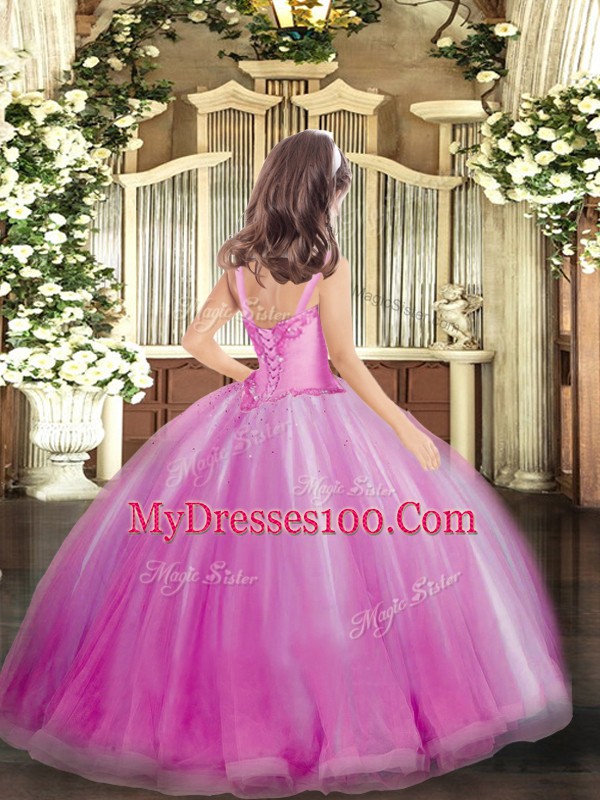 Admirable Lavender Tulle Lace Up Straps Sleeveless Floor Length Little Girl Pageant Gowns Appliques