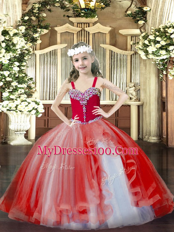 Ball Gowns Little Girl Pageant Gowns Red Straps Tulle Sleeveless Floor Length Lace Up