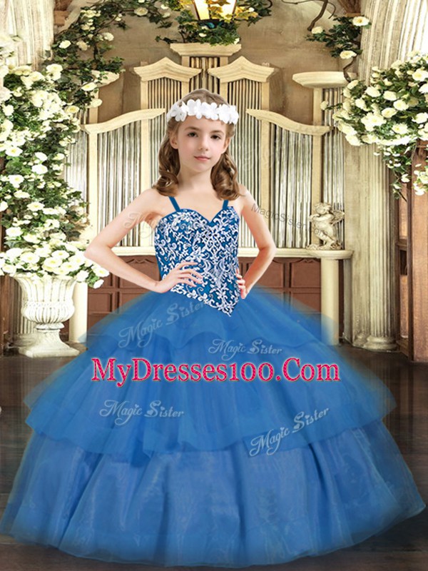 Baby Blue Organza Lace Up Evening Gowns Sleeveless Floor Length Beading and Ruffled Layers