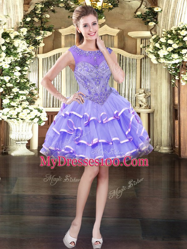 Sleeveless Lace Up Mini Length Beading and Ruffled Layers Cocktail Dress
