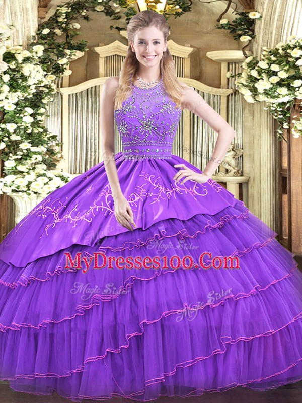 Sleeveless Satin and Tulle Floor Length Zipper Quinceanera Dress in Lavender with Beading and Embroidery and Ruffled Layers