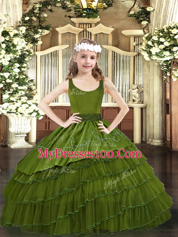 Gorgeous Olive Green Sleeveless Floor Length Beading and Embroidery and Ruffled Layers Zipper Evening Gowns