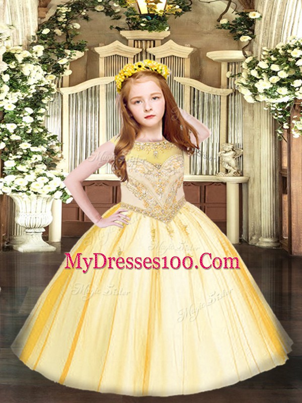 Admirable Ball Gowns Girls Pageant Dresses Gold Scoop Tulle Sleeveless Floor Length Zipper